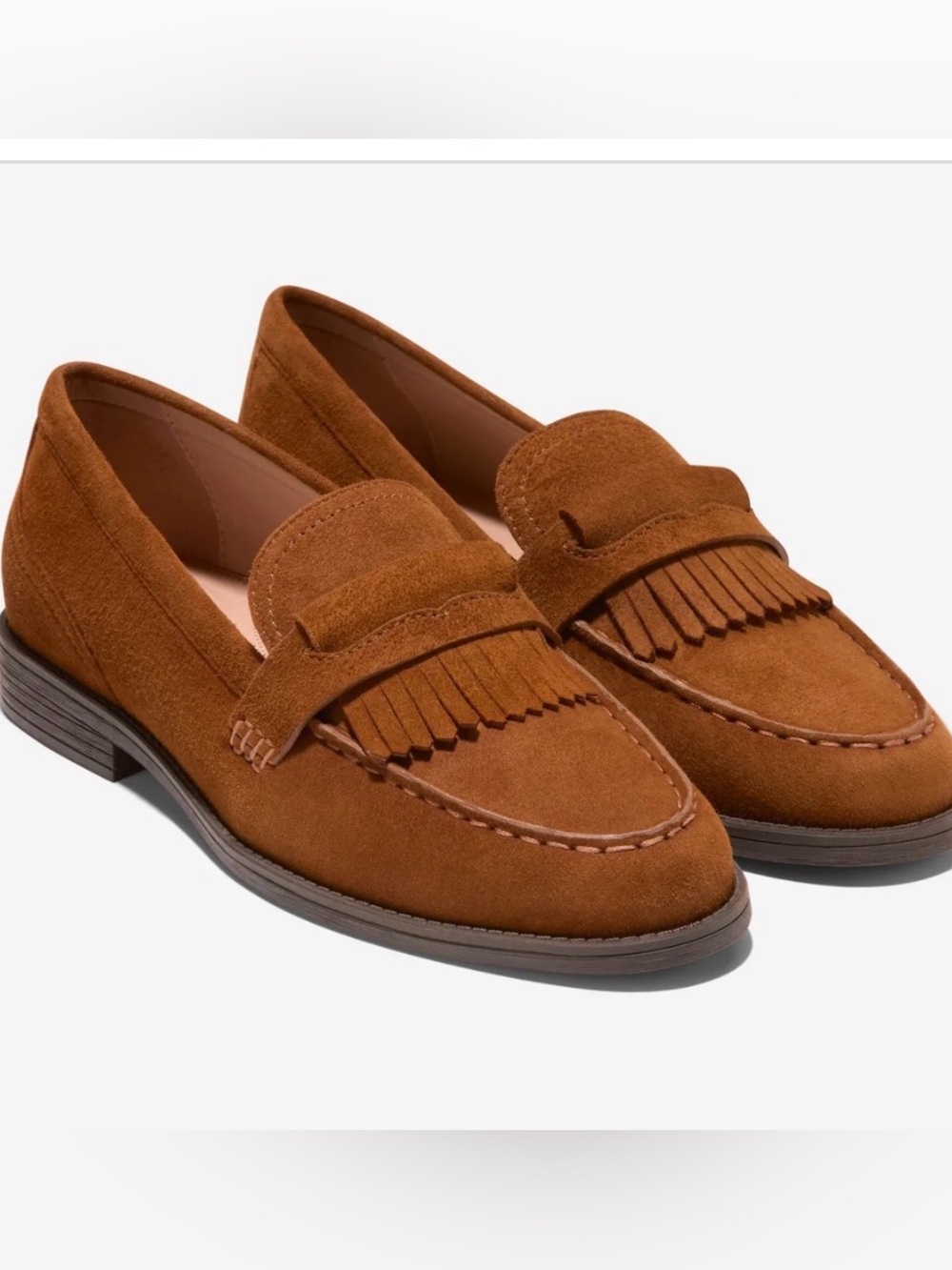 Women’s Suede Kiltie Penny Loafers in Cognac Brown